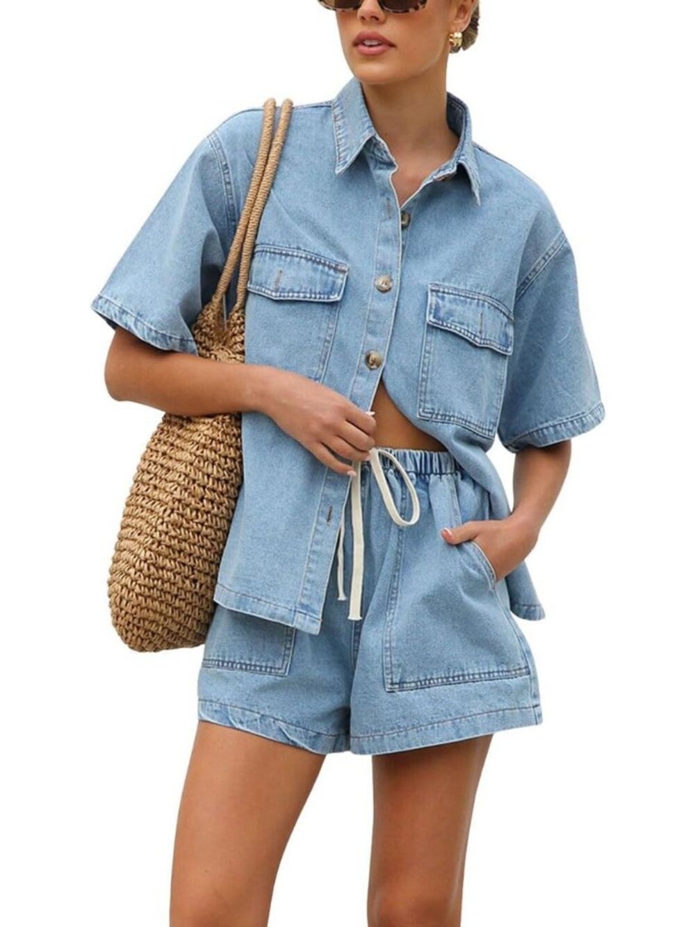 Women's Light Blue Summer Denim 2 Piece Outfits Short Sleeve Button Down Shirt